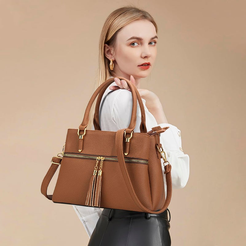 KKXIU 3 Zippered Compartments Purses and Handbags for Women Vegan Leather Ladies Multi Pocket Satchel Bags (D-brown) - Image 2